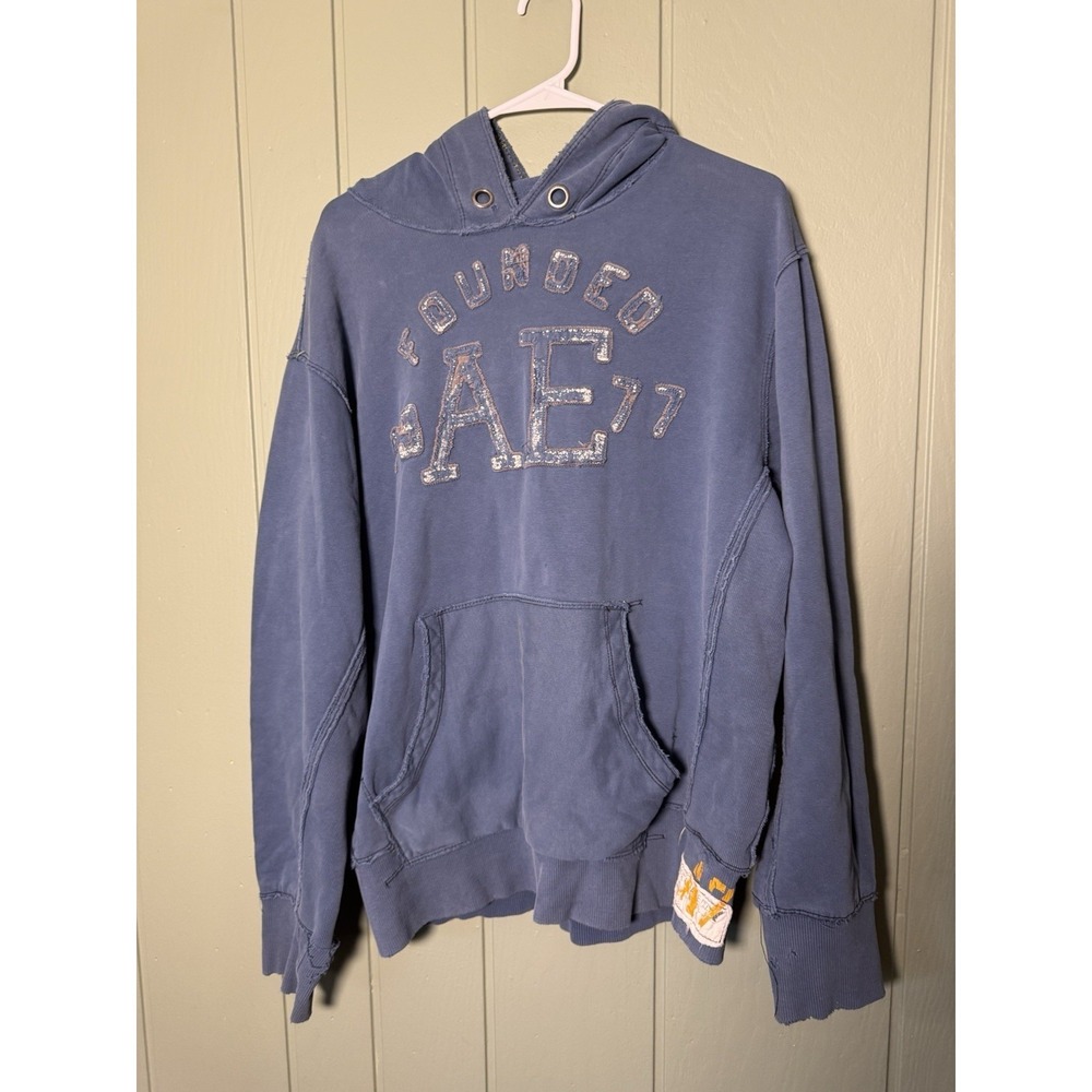 American Eagle Hoodie Men Large L Blue VTG Fit Distressed Y2k Retro Heavy‎